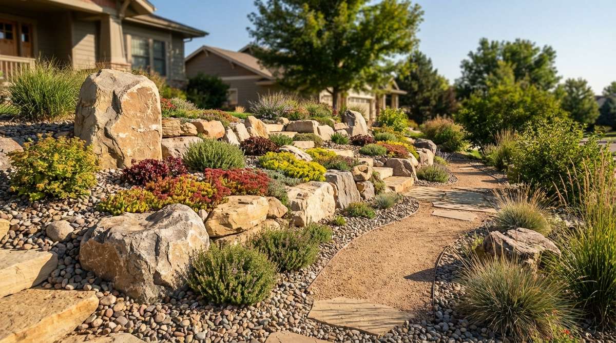 A sunny slope transformed into a rock garden with drought-tolerant plants, featuring naturalistic rock groupings, alpine plants, sedums, and gravel mulch to reduce erosion and showcase plant forms, ideal for American properties with uneven terrain and low water use.