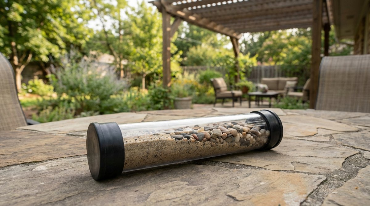 A clear acrylic tube, 8 inches long and 2 inches in diameter, filled with sand and small stones, sealed with rubber end caps. Used for creating ever-changing sand landscapes by rolling, and in physical therapy for hand coordination and mindfulness exercises.