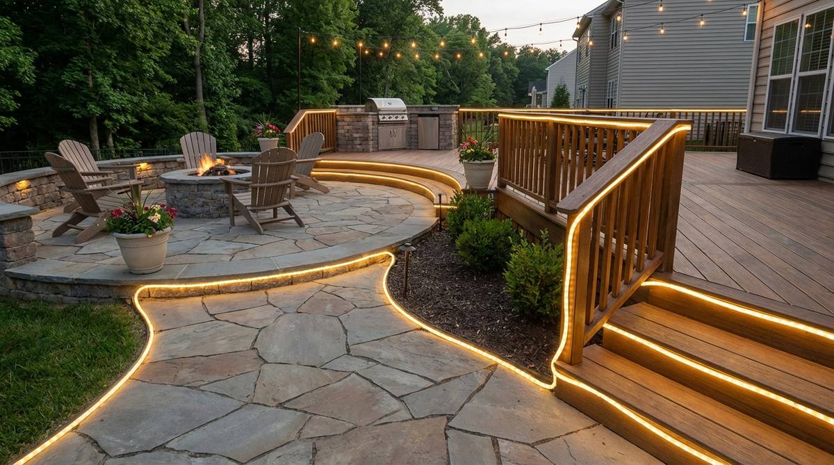 Flexible LED rope lights defining patio perimeters and deck borders for outdoor party decor. Outdoor-rated rope lights with protective sleeves provide safety lighting and modern design elements in evening settings.