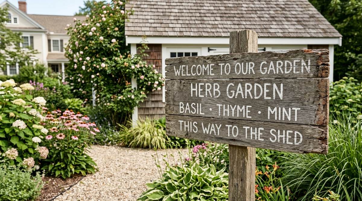 A rustic wooden garden sign with painted or stenciled messages, such as welcoming phrases, herb names, or directional guidance, crafted from reclaimed fence boards. Features distressed edges and weathering effects for a vintage farmhouse look, mounted on posts or attached to fences and shed walls to add personal, handmade character to outdoor spaces.