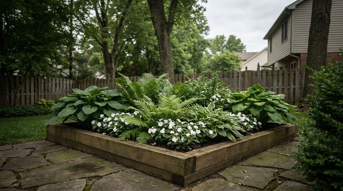 A raised pocket bed featuring hostas, ferns, and white impatiens, designed for shady areas with layered foliage and light-colored blooms to brighten low-light zones.