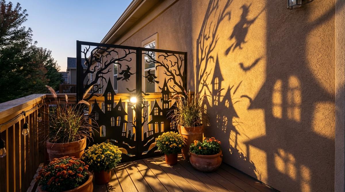 A spotlight projects intricate Halloween silhouettes from a laser-cut metal screen onto a wall, creating dramatic shadow art with haunted houses, twisted trees, and flying witches for balcony decor.