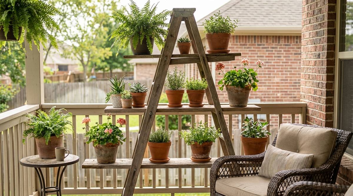 A leaning ladder shelf system with multiple angled levels holding potted plants of various sizes. The portable wood or metal structure creates an organic, asymmetric display for balcony decor without permanent wall attachment.