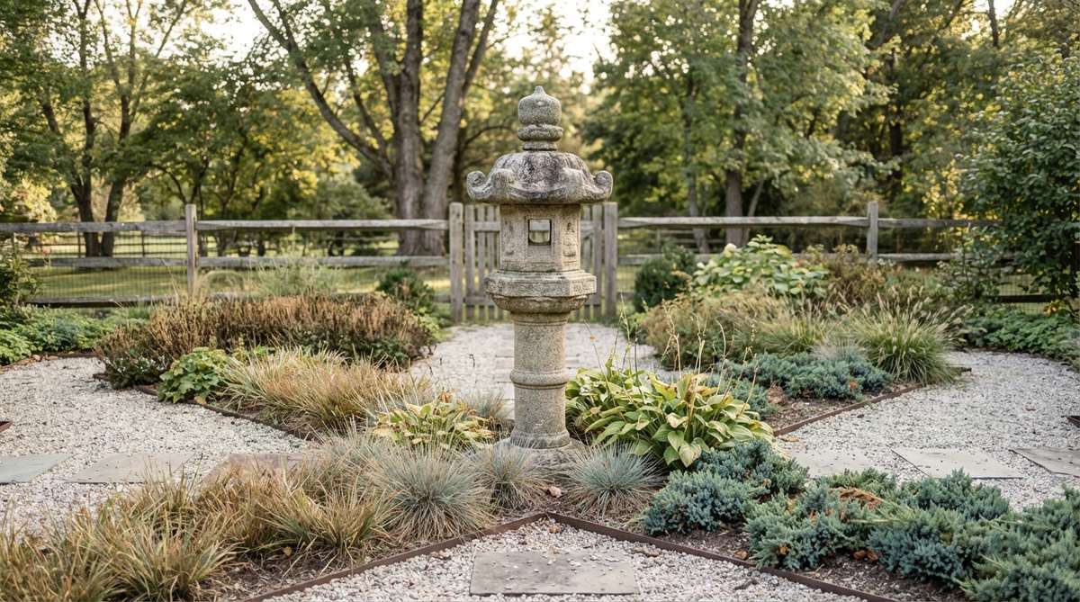 A weathered stone lantern serves as a focal point in a minimalist garden, contrasting vertical form against horizontal planting beds at a path intersection. The deliberate placement draws attention without competing elements, enhancing the clean aesthetic with natural character.
