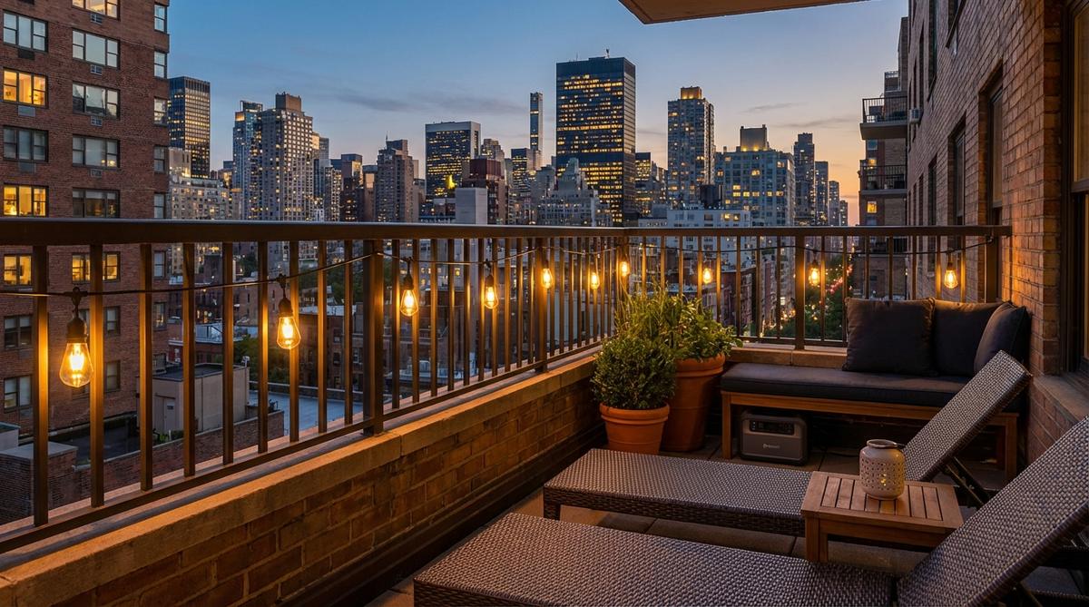 Edison-style LED solar string cafe lights draped across a balcony perimeter in NYC, providing warm ambient glow for evening entertaining with weatherproof design and battery backup.