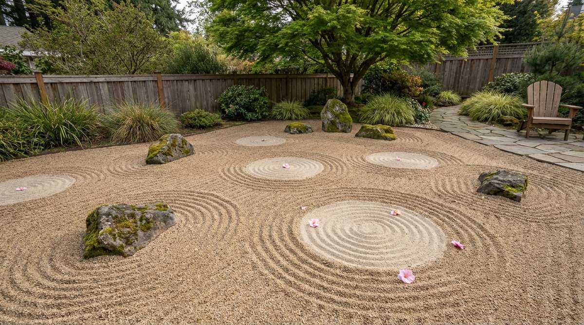 A zen garden sand pattern featuring circular clearings with ripple patterns, inspired by fallen plum blossoms floating on water. This seasonal design symbolizes renewal and ephemeral beauty in Japanese rock gardens.