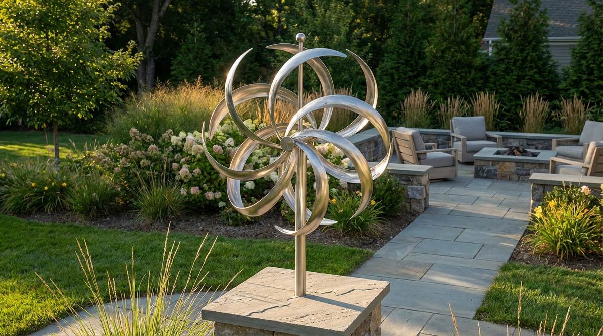 A polished stainless steel wind sculpture with kinetic moving parts that rotate gracefully in the breeze, creating dynamic light reflections and serving as a focal point in garden decor.