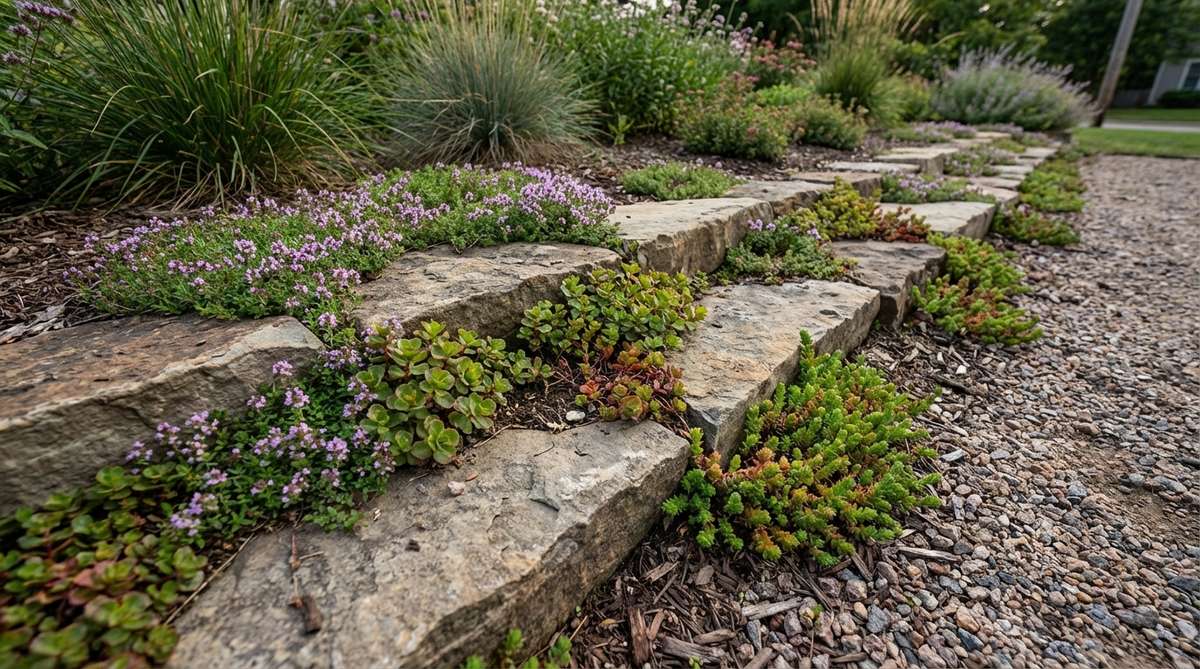 A close-up view of stone garden edging with creeping thyme and sedum plants growing between the gaps, demonstrating how ground covers soften hard edges and integrate with stone materials.