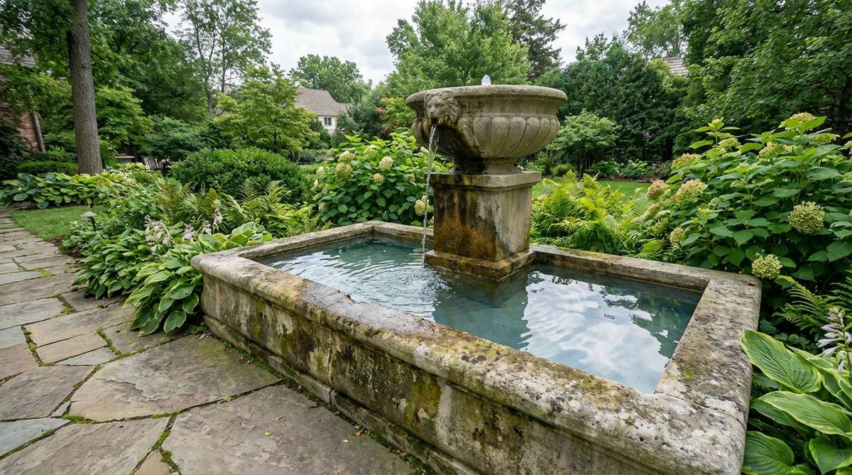 A stone basin fountain in a garden, with water overflowing from a carved stone bowl mounted on a pedestal. The still water surface reflects the sky and surrounding plants, while the limestone or sandstone basin shows an attractive patina from mineral precipitation.