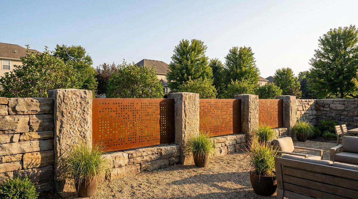 A contemporary stone garden wall featuring metal panel inserts made from Cor-ten steel or powder-coated aluminum, set between stone piers. This design adds modern flair and instant height, with the stone providing visual weight. The panels can be perforated for partial transparency or solid for complete screening, ideal for modern farmhouse designs where industrial accents complement agricultural heritage.