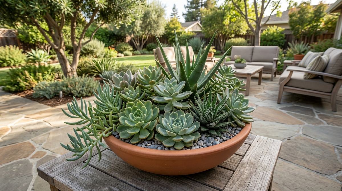 A shallow succulent garden arranged in a wide ceramic bowl, featuring varied succulent forms like rosettes, trailing varieties, and upright shapes with muted green tones, topped with small pebbles, ideal for tabletop interest in modern boho decor.
