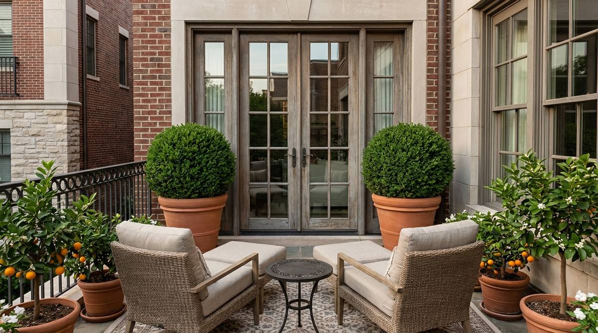 A symmetrical flanking design for an urban balcony garden, featuring identical large containers with citrus trees or boxwood topiaries placed on both sides of a balcony door or seating area, creating formal symmetry and polished aesthetics that suit modern and traditional architecture.