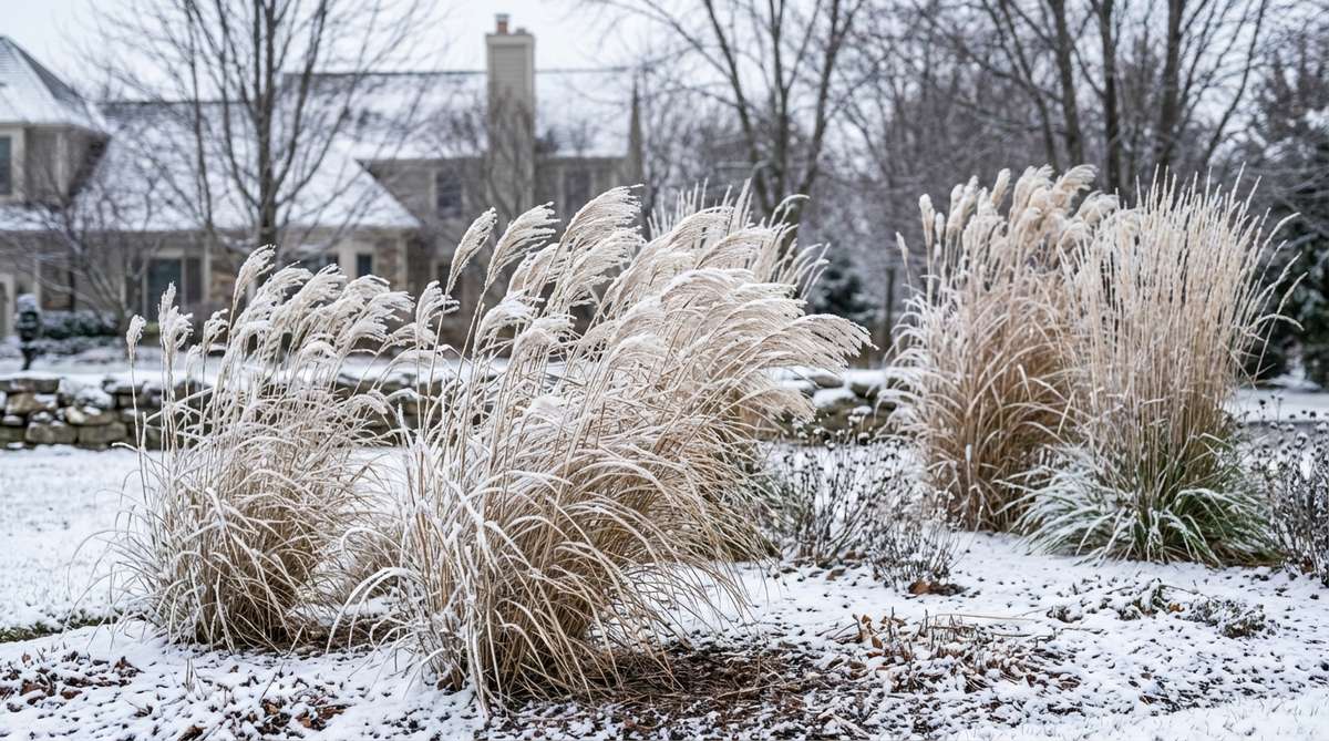 A winter scene featuring tall ornamental grass clusters such as miscanthus, panicum, and calamagrostis, with bleached plumes and upright forms capturing snow and frost, providing movement in the wind.