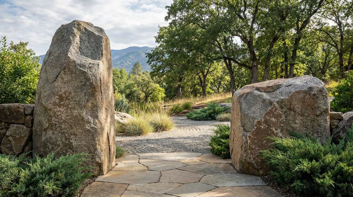 A modern zen garden entrance framed by two asymmetrically placed boulders of unequal height, creating a dynamic portal that guides attention toward the view beyond, inspired by traditional borrowed scenery concepts to add depth and layered viewing experiences in compact spaces.
