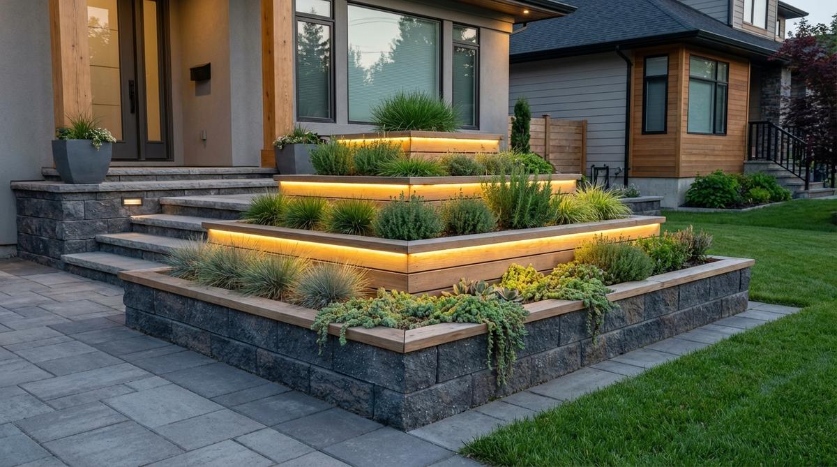 A modern front yard garden featuring a tiered planter stack with stepped planters creating a vertical garden effect. The design includes elevation changes with progressively smaller plantings forming a living pyramid or cascade. It showcases compact specimens like dwarf grasses, herbs, and trailing succulents in tiered pockets, with integrated LED lighting highlighting the stacked geometry after dark. This arrangement adds dimension to flat lots, improves drainage through gravity flow, and works well flanking entry stairs or garage approaches.