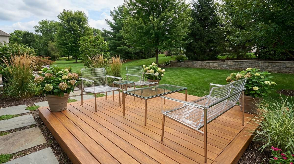 A selection of transparent furniture, such as slatted chairs and glass-topped tables, on a small garden deck. The design features slim profiles and elevated legs to allow visual flow and reduce bulk, making the deck feel more spacious and less crowded.