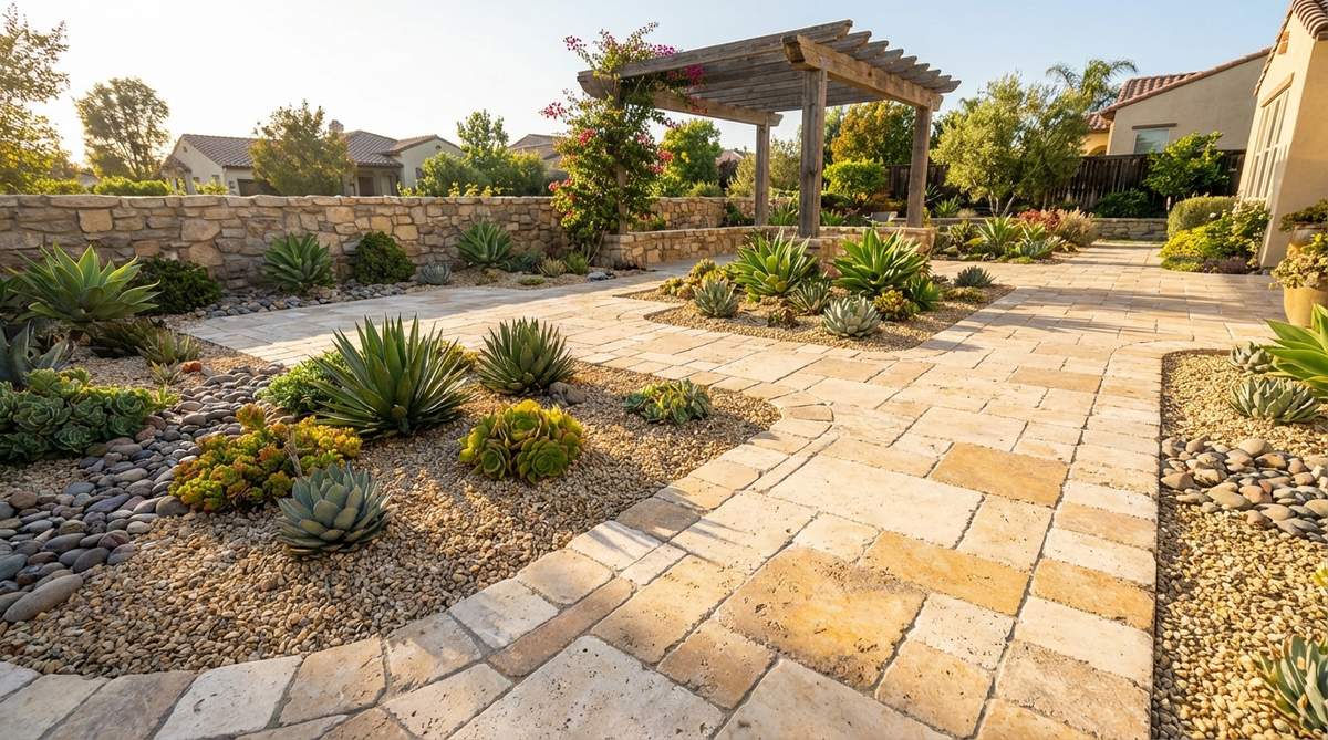 Tumbled travertine pavers with softened edges and textured surfaces in warm cream, beige, and gold tones, used as garden edging with succulents and gravel in a Mediterranean-style landscape.