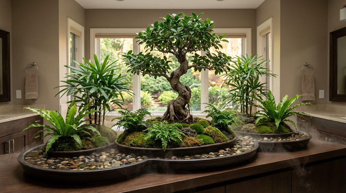 A bonsai arrangement featuring a Ficus bonsai with dwarf palms and ferns, recreating tropical forest layers with varied heights and textures. The composition includes pebble-filled humidity trays to create a microclimate, ideal for bathrooms with natural light, transforming spaces into spa-like retreats.