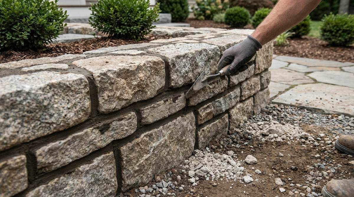 Close-up photo showing tuckpointing mortar detailing on a raised bed garden stone wall, with carefully tooled joints creating shadow lines that emphasize individual stones. The image illustrates the process of raking fresh mortar back from stone faces and filling with contrasting color or texture, demonstrating quality craftsmanship in stone wall construction.