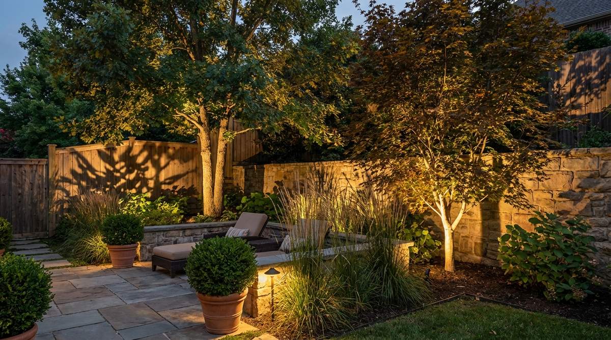 Ground-level spotlights aimed upward to dramatize tree canopies and architectural plantings in a terrace garden, creating defined shadow patterns on walls. Fixtures are positioned at plant base perimeters to avoid root damage, using warm color temperatures to enhance natural foliage tones. This technique transforms plants into sculptural focal points, with adjustable fixtures accommodating growth over time.
