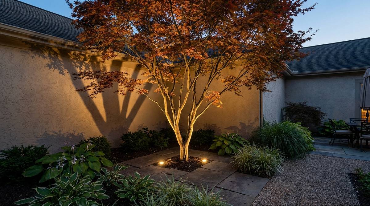 Ground-mounted lighting fixtures positioned at the base of a specimen tree create dramatic shadows on courtyard walls while highlighting the tree's branching structure. This nighttime lighting technique transforms daytime plantings into focal points, using narrow beam angles to minimize light spill and seasonal adjustments for changing leaf coverage.