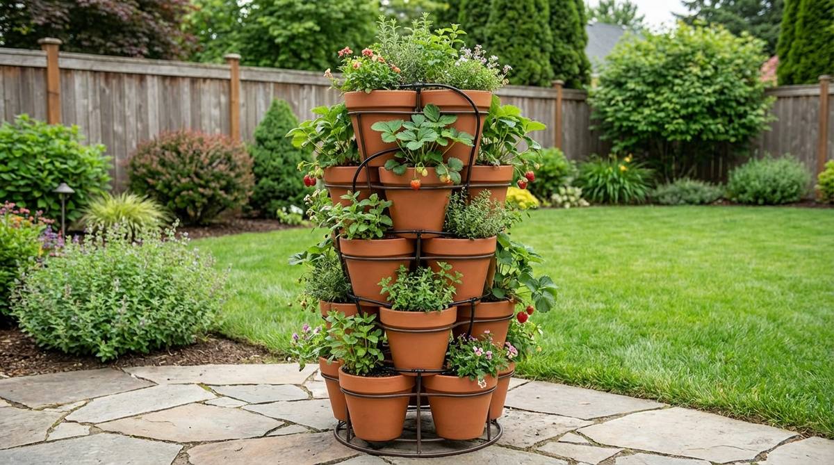 A vertical tower planter in a garden setting, showcasing stacked or tiered containers that maximize planting density in compact spaces. The image highlights features like strawberry jars, custom welded structures, and drip irrigation tubes for efficient watering, illustrating how to rotate towers for even light exposure and balanced plant growth.