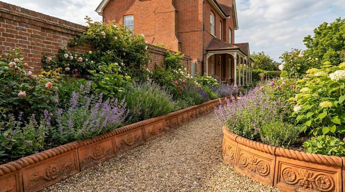 Decorative rope-patterned terracotta edging for Victorian-style garden borders, featuring molded ornamental details that complement period architecture. Interlocking sections allow seamless installation along curved or straight borders, with warm terracotta tones harmonizing with traditional brick construction and cottage plantings. Frost-resistant modern manufacturing provides durability for heritage gardens and restoration projects.