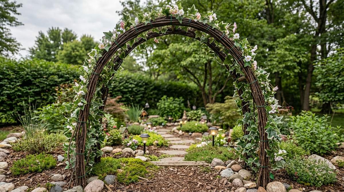 A charming twig archway densely wrapped with artificial ivy and flowering vines, creating a magical entrance to a secret fairy garden space. The arch frame is constructed from flexible twigs bent into an inverted U-shape, with vines secured with discreet green wire. This transitional element frames views and marks the boundary between garden zones, perfect for creating an enchanting fairy garden aesthetic.