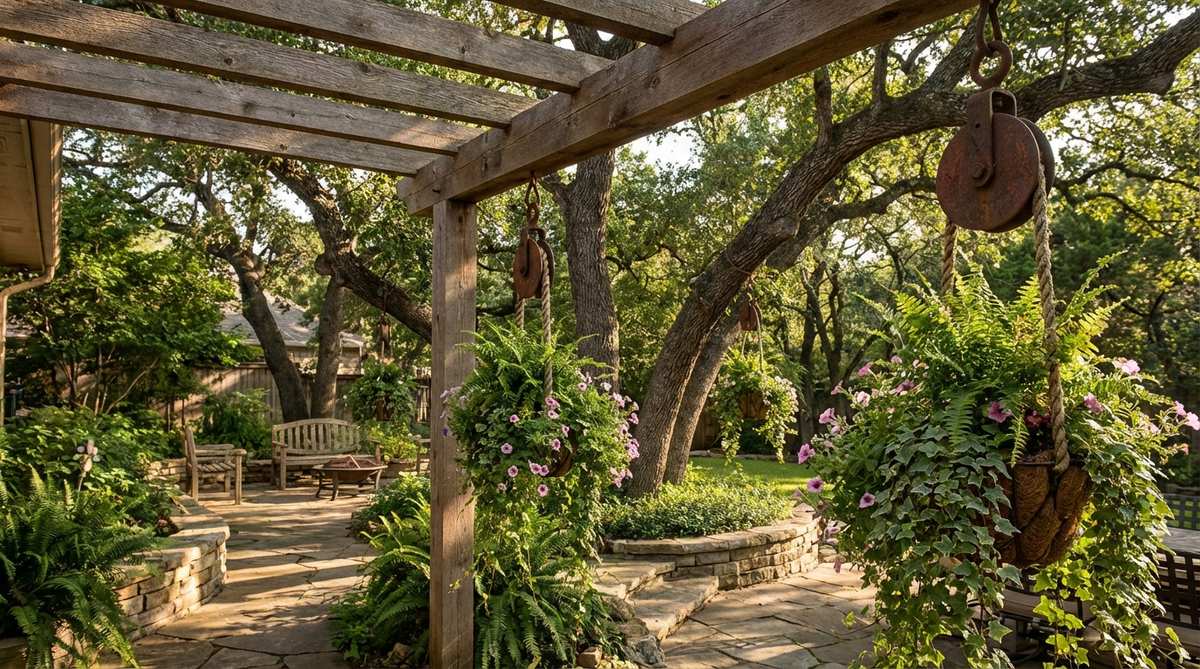 Antique barn pulleys with rope and rusted metal wheels support hanging baskets from pergola beams or tree branches. The mechanical elements add functional sculpture to overhead spaces in rustic garden decor.