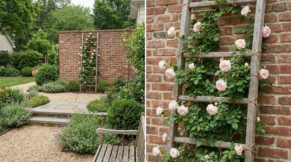 A wooden or metal ladder mounted vertically on a wall, serving as an espalier trellis for climbing roses. The rungs provide tie points for training rose canes horizontally, ideal for narrow garden spaces with vintage appeal.