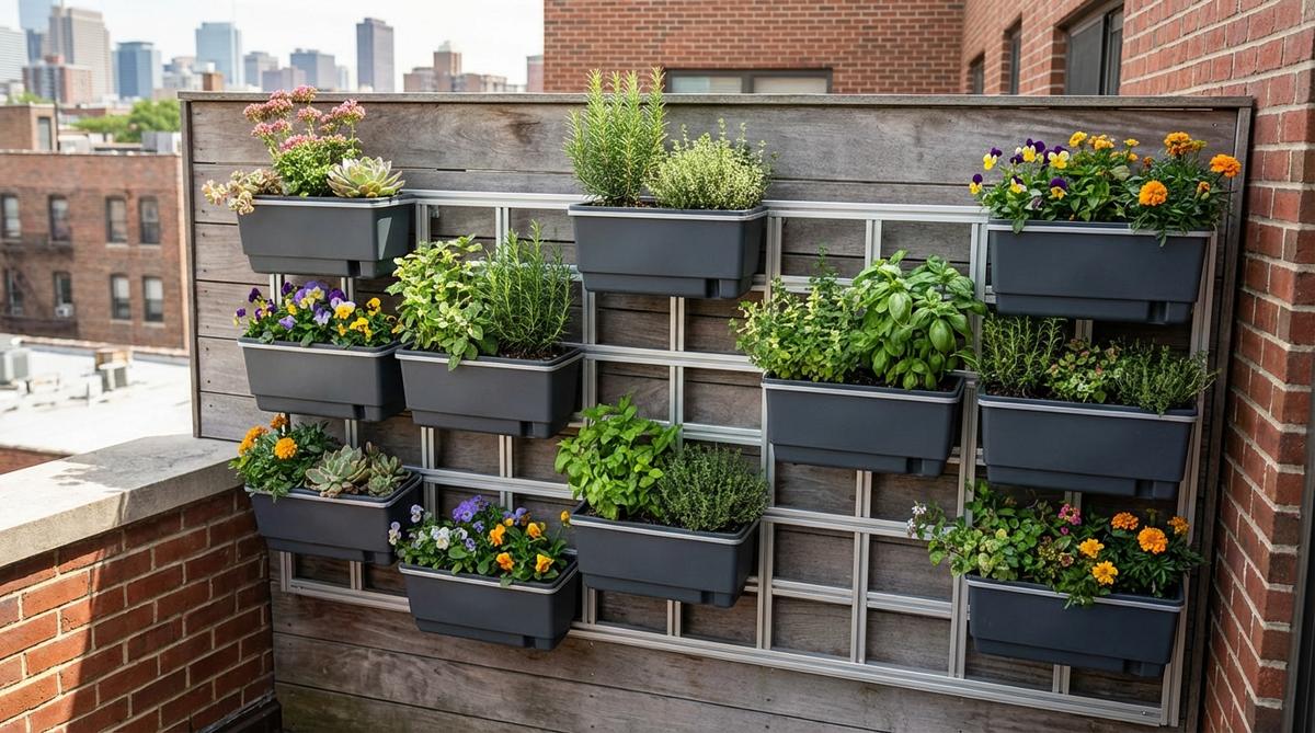 A modular aluminum wall-mounted planter grid system with removable containers, ideal for creating living walls on urban balconies. Features individual planters with built-in water reservoirs for herbs, succulents, and compact flowers.
