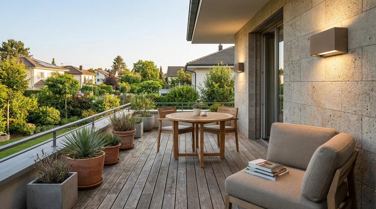 Contemporary wall-mounted sconces with powder-coated finishes in matte black or bronze, providing directed task lighting for balcony dining or reading areas. Installed at optimal height of 50-66 inches above floor level, featuring integrated LED chips for long-lasting illumination without bulb replacement.