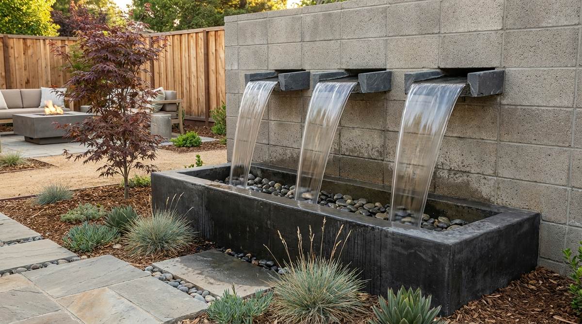 A contemporary wall-mounted scupper fountain in a zen garden setting, showing metal or stone scuppers projecting from a wall to create a sheet of water flowing into a collection basin below. The design integrates with architectural elements, featuring visible water curtains at 3-4 foot heights with minimal splash, suitable for compact spaces and creating layered visual and acoustic effects.