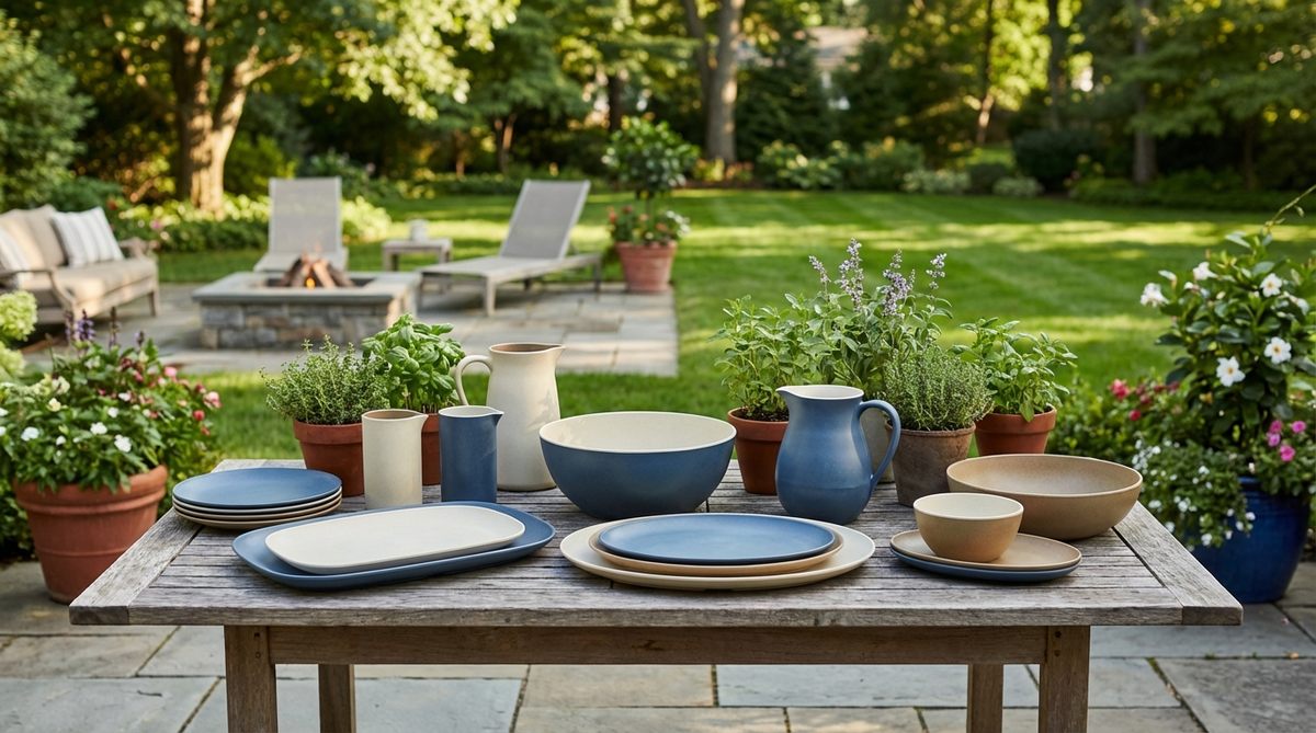 A collection of modern melamine serving ware including platters, bowls, and pitchers designed for outdoor use. These durable pieces feature contemporary designs that mimic ceramic or porcelain appearance while being weather-resistant, break-proof, and suitable for temperature fluctuations during garden entertaining.