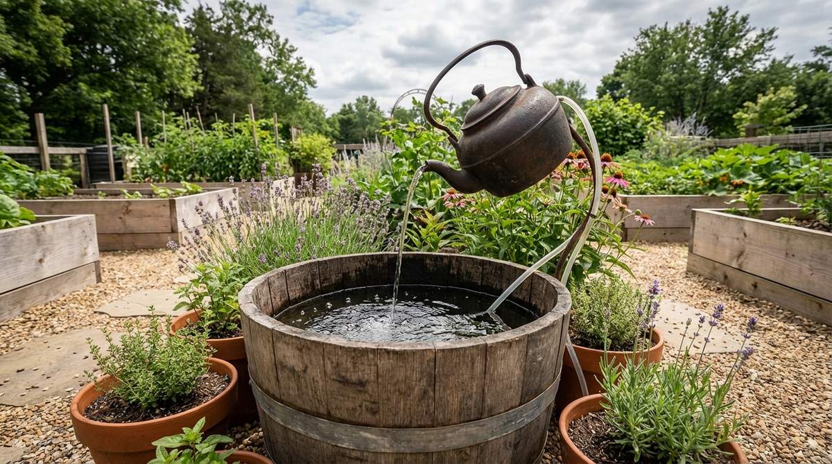 A whimsical small garden fountain featuring an iron teapot mounted at an angle above a cut whiskey barrel, creating the illusion of continuous pouring. Water recirculates from the barrel reservoir through tubing into the teapot, ideal for adding personality to vegetable gardens and cottage landscapes. The barrel holds 10 to 15 gallons, reducing refill frequency during hot weather.