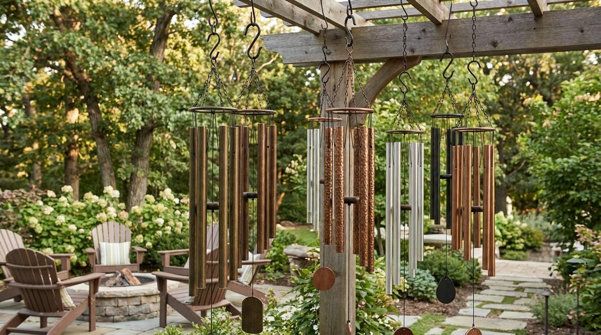 A collection of tuned metal wind chimes with bronze, copper, and aluminum tubes hung at varying heights to create layered soundscapes. The chimes are suspended using S-hooks and decorative chains in a garden setting, positioned to catch prevailing breezes without overwhelming conversation areas.