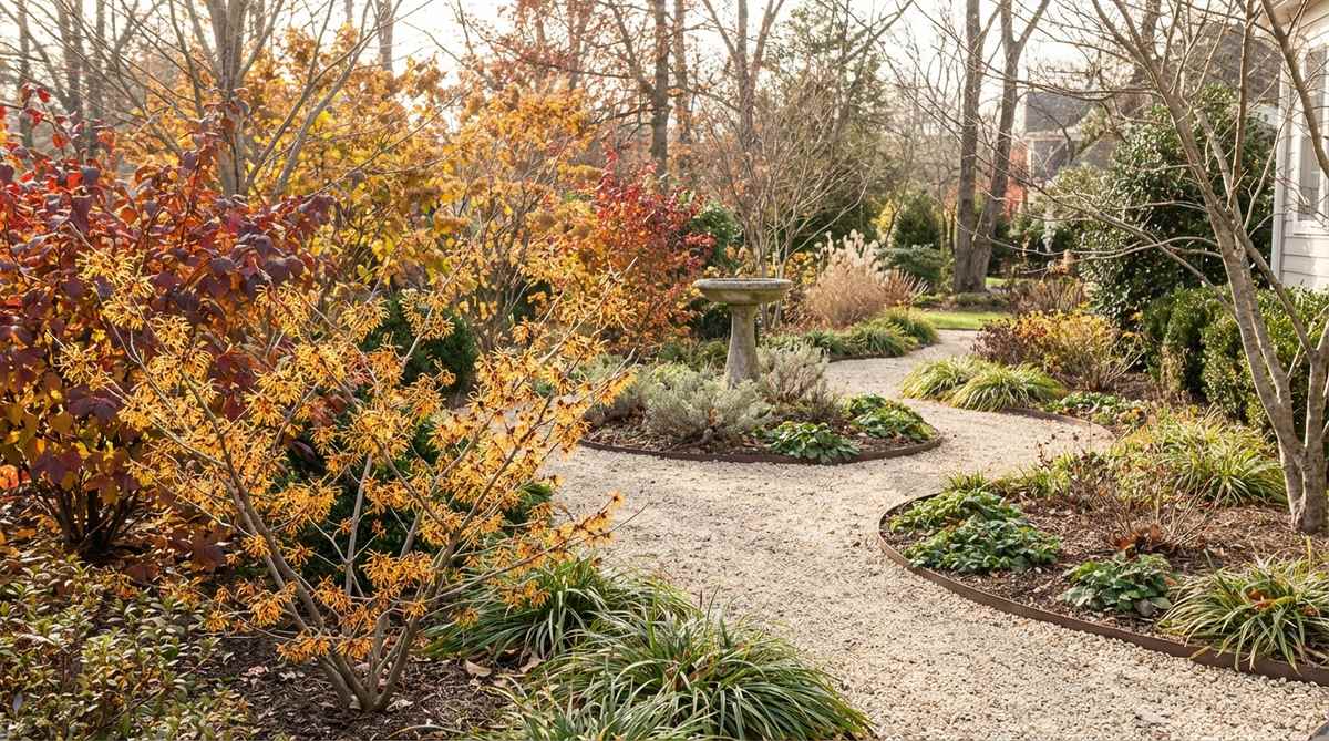 Close-up of dwarf witch hazel 'Jelena' with spidery yellow-orange flowers blooming in winter against a backdrop of brilliant fall foliage. The fragrant flowers bloom January through March on a compact shrub that reaches 6-8 feet, ideal for small gardens with partial shade and acidic soil.