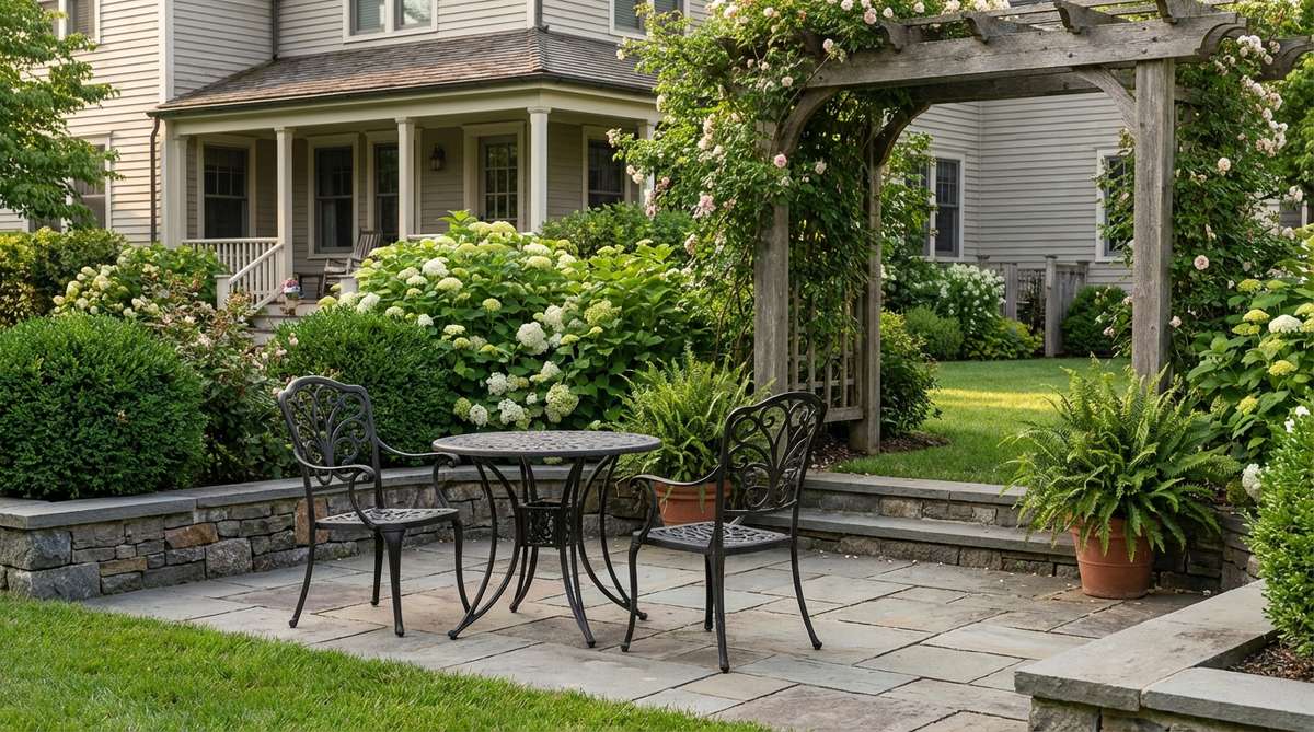 A classic wrought iron bistro set featuring a compact metal table and chairs in French cafe style, positioned on a rustic patio or deck for intimate outdoor dining. The dark metal finish complements natural surroundings, bridging rustic charm with refined ornamental details for morning coffee or afternoon wine.
