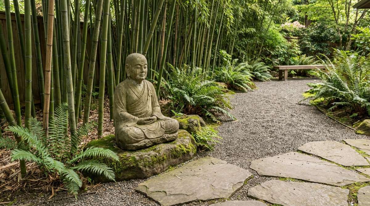 A serene Zen monk statue in a contemplative pose, perfect for garden decor. This minimalist figure features simple robes and facial details, ideal for placement along gravel paths or within bamboo groves. Standing 24-36 inches tall, it enhances the peaceful atmosphere of any garden space.
