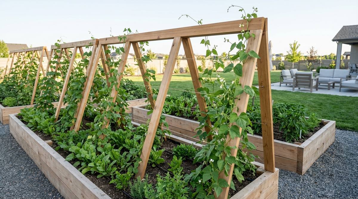 A modern garden featuring A-frame trellis beds with triangular support structures straddling narrow planting areas. Climbing crops like beans or peas ascend both sides of the peaked trellis, creating a space-efficient design that grows two rows of vertical crops in a single bed width. The steep angle of the trellis helps shed rainwater and prevents moisture accumulation that could promote plant diseases.