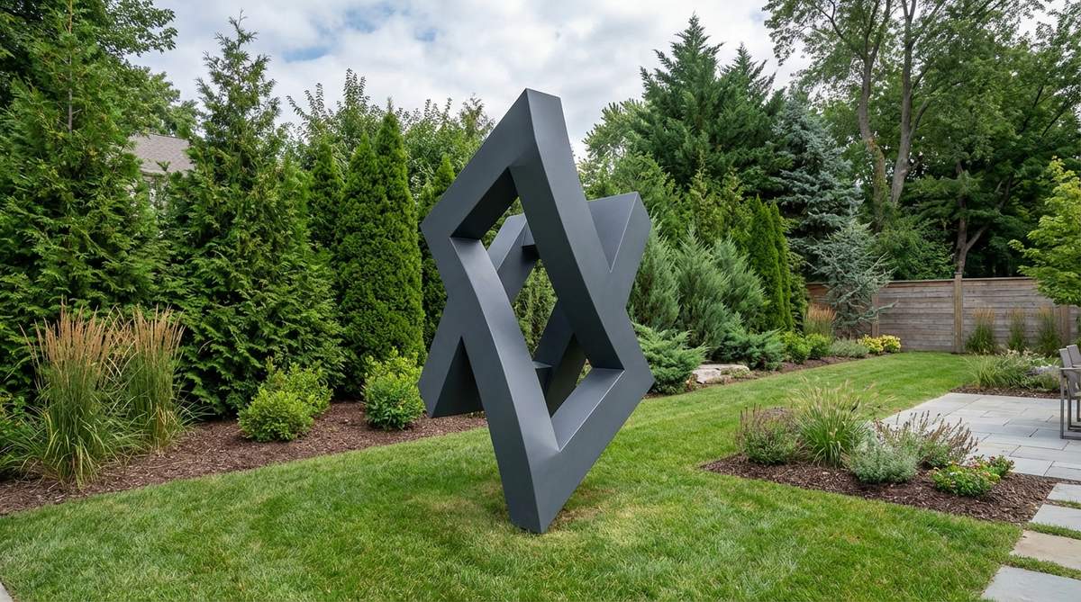 A powder-coated steel or aluminum abstract sculpture in geometric forms, positioned against an evergreen background for contrast, showcasing year-round interest in a contemporary garden setting.