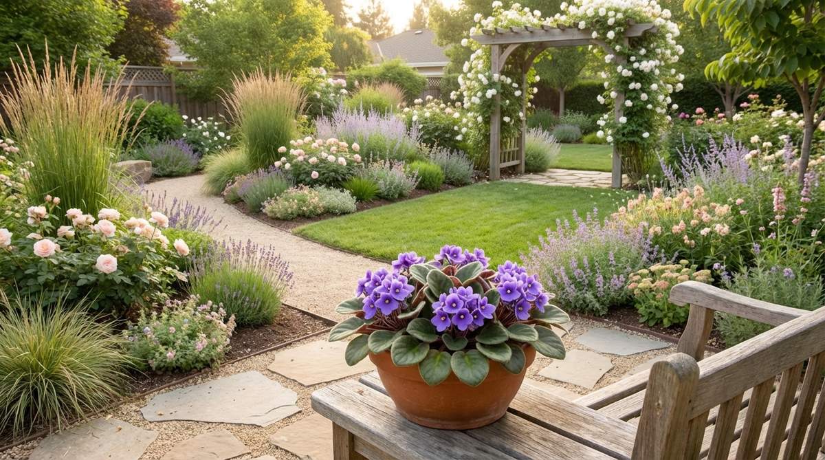 Close-up of a vibrant African violet (Saintpaulia) with purple flowers and fuzzy green leaves, showcasing its year-round blooming capability as a popular indoor houseplant.