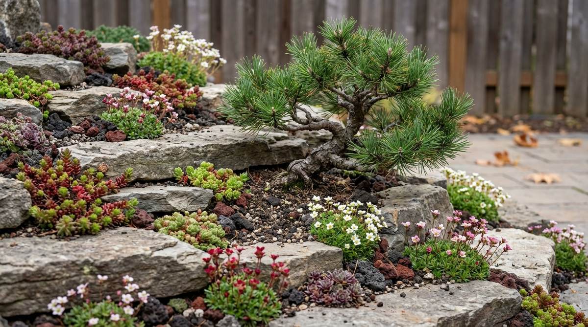 A miniature alpine rock garden featuring a Mugo Pine bonsai surrounded by small sedums and saxifrages, arranged on stone layers to mimic mountain slopes. This display showcases excellent drainage using pumice or volcanic rock substrate, ideal for outdoor winter display in temperate climates.