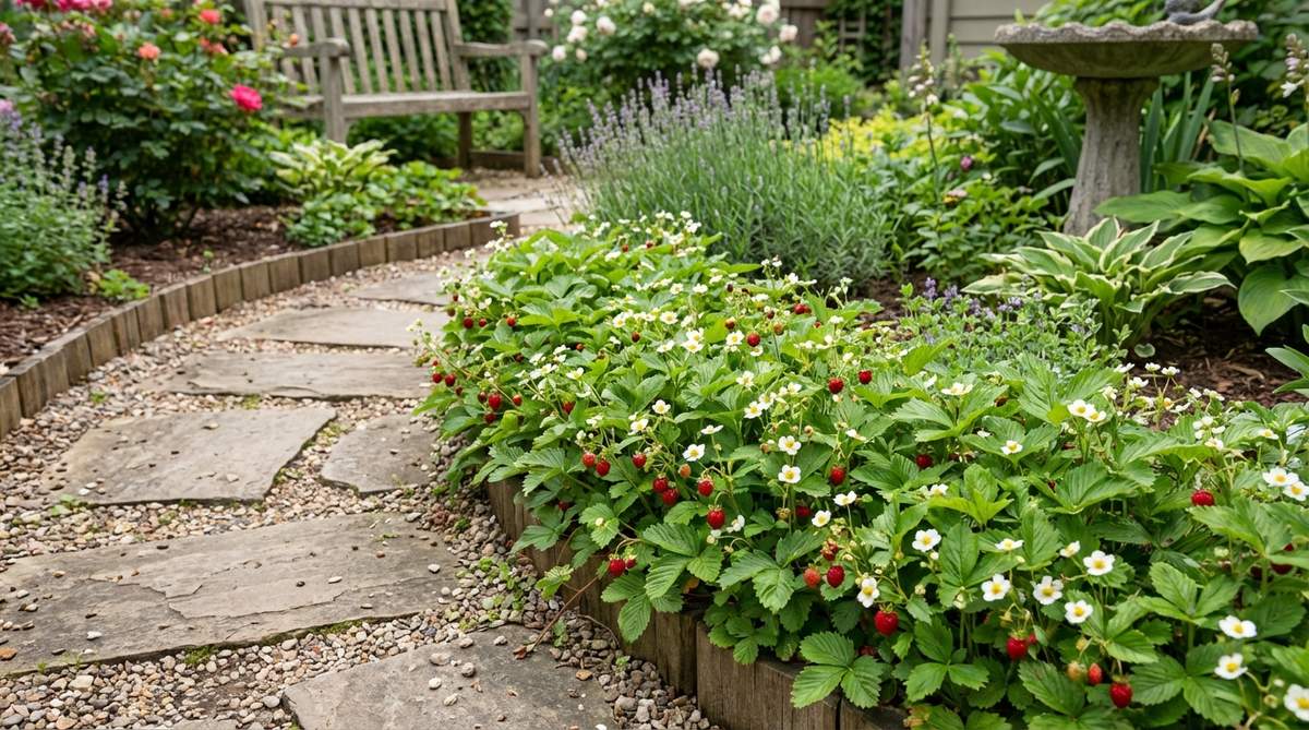 A close-up view of compact alpine strawberry plants with white flowers and red berries, arranged as a border along a garden path in a small cottage garden, showcasing their ornamental and edible qualities.