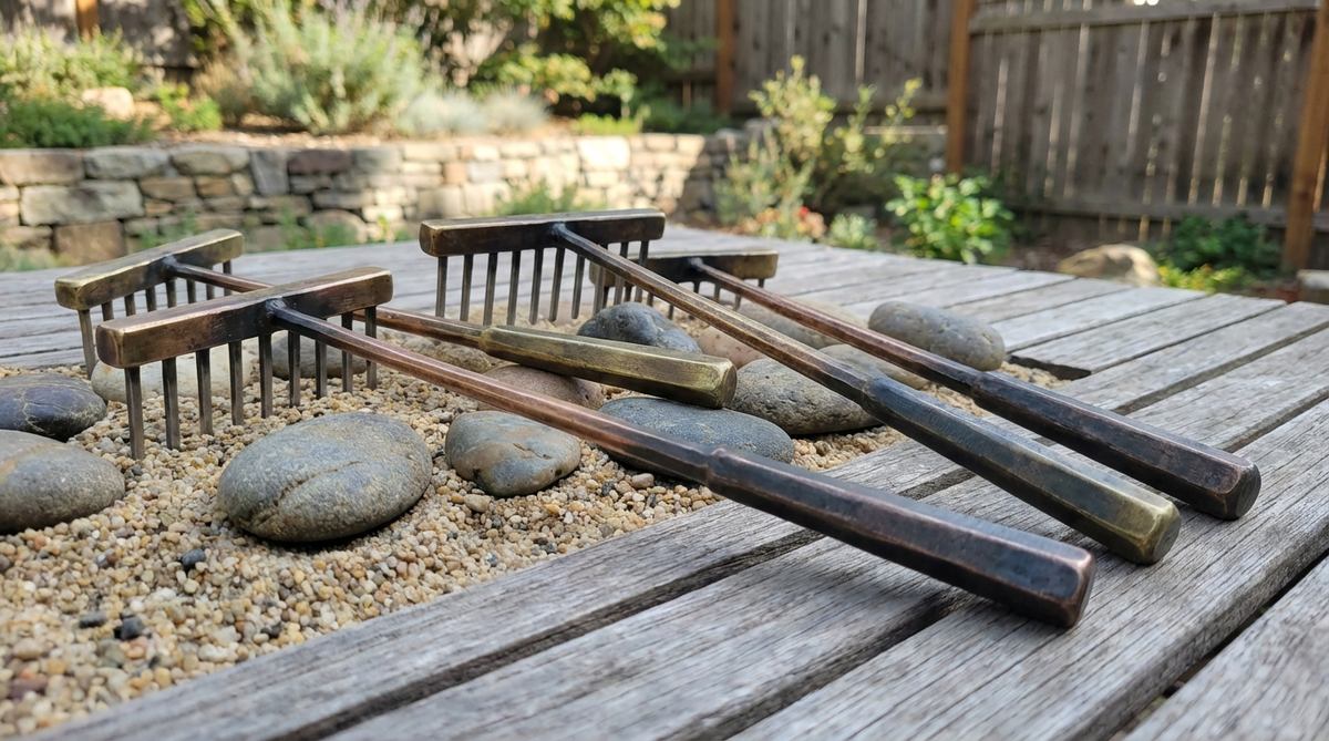 A close-up image of hand-forged brass or copper rakes with perfectly spaced tines and weighted handles, designed for precise control in a zen garden miniature. The metal construction shows a natural patina from use, highlighting its durability and sculptural appeal as a collector's item.