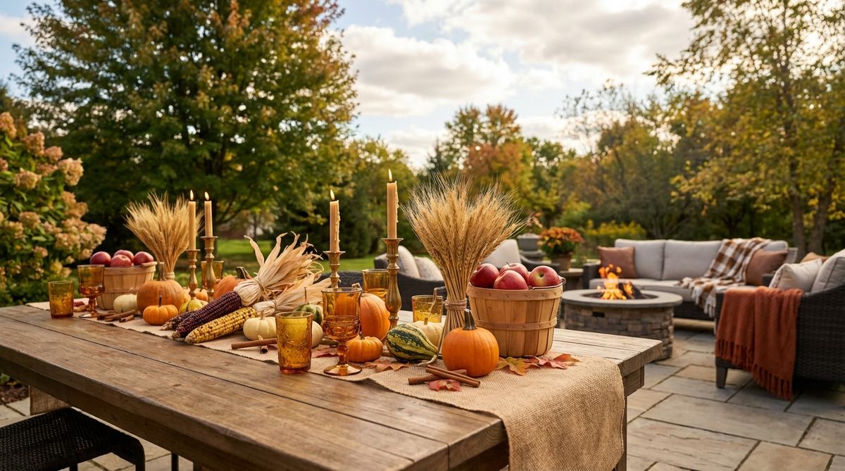 A fall-themed outdoor party tablescape featuring a burlap runner, miniature pumpkins, gourds, dried corn stalks, brass candlesticks, amber glassware, wheat bundles, apple baskets, and cinnamon sticks, celebrating the harvest season with sophisticated decor.