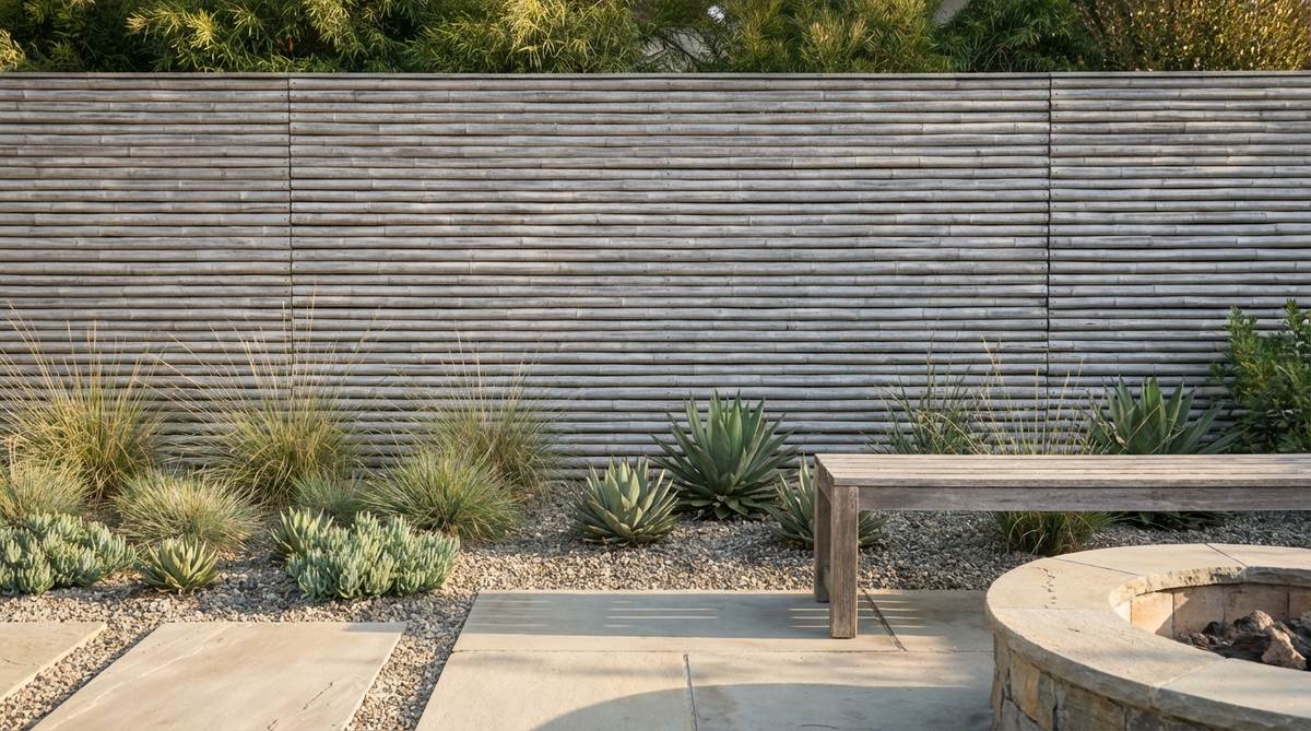 A minimalist garden featuring a clean bamboo fence made of horizontal bamboo poles, forming a neutral backdrop that ages gracefully to silver tones. The simple vertical lines of the fence complement the plantings without competing for attention, ideal for a serene and uncluttered garden design.