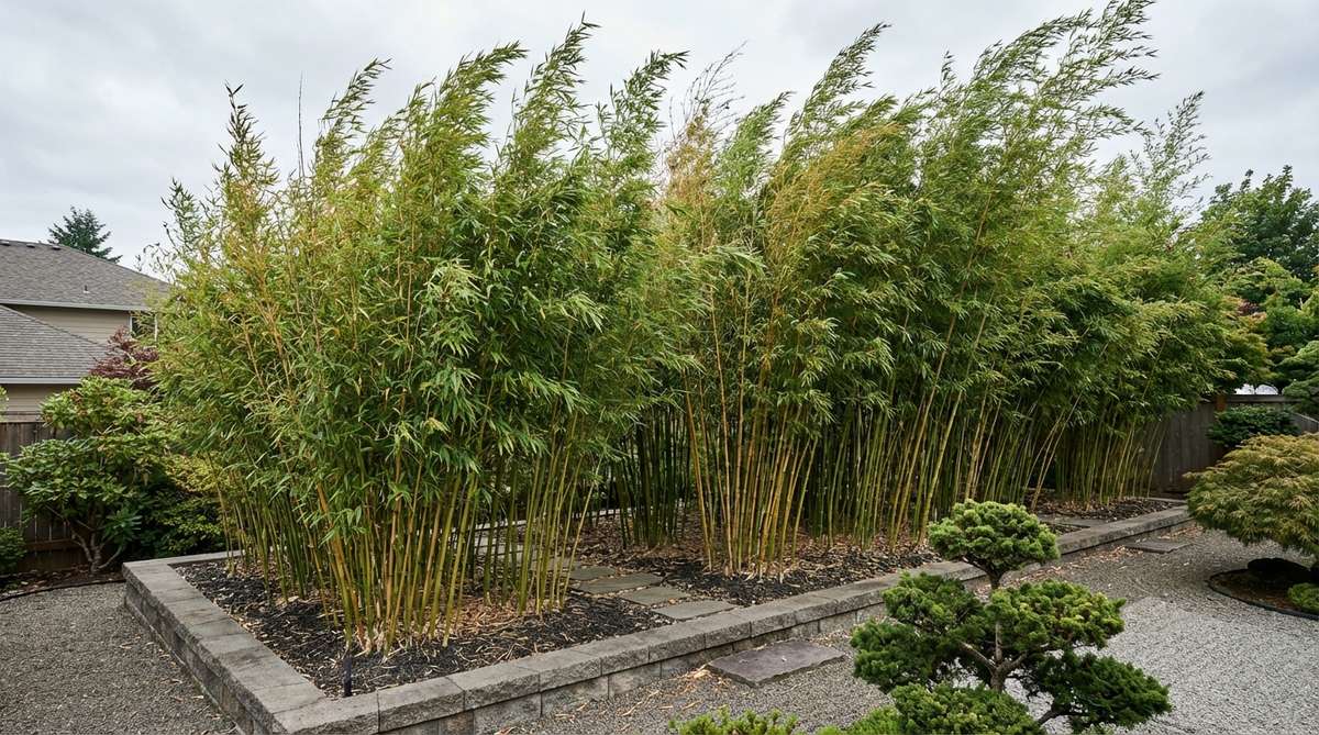 A living bamboo screen or fence in a Japanese garden, featuring clumping bamboo varieties that provide privacy and vertical texture. The culms sway gracefully in the breeze, creating sound and movement, symbolizing resilience and flexibility. Non-invasive species are planted in contained trenches, with annual thinning to maintain height, adding an auditory dimension to the garden experience.