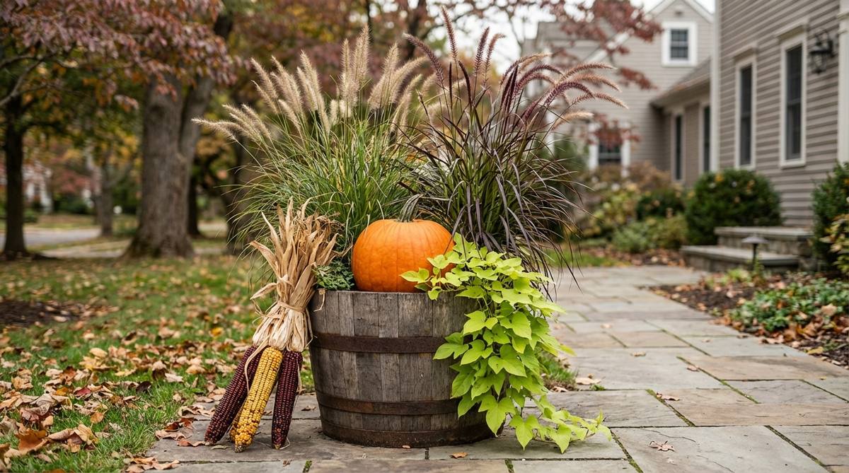 A rustic half-barrel planter filled with an oversized pumpkin, ornamental grasses, purple fountain grass, and cascading sweet potato vine, accented with dried corn stalks leaning against the barrel exterior, creating a substantial fall decor display suitable for farmhouse or cottage aesthetics.