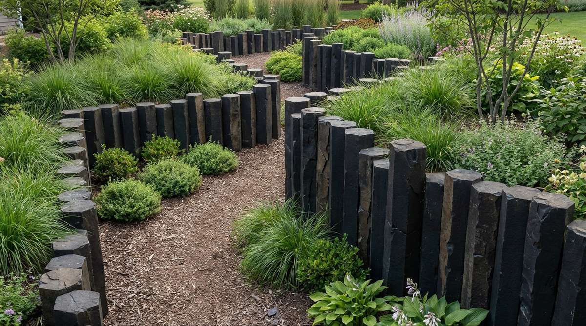 Vertical basalt columns create dramatic linear borders in a modern garden, showcasing natural hexagonal fracture patterns and dense black stone that provides striking contrast against green plantings. The geometric arrangement of columns of varying heights (12-30 inches) creates rhythmic patterns along garden edges, demonstrating how this geological material adds authenticity and visual impact to contemporary landscape design.